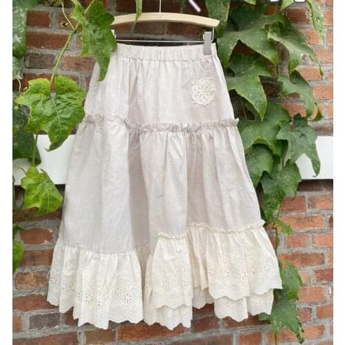 TIYIHAILEY Free Shipping 2021 Embroidery Spring And Summer Cotton Linen Long Mid-Calf Elastic Waist A-Line Skirts Beige Brown