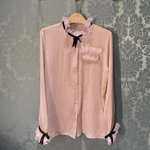 Ladies Elegant Pink Ruffled Long Sleeve Shirt Sexy Casual Bowknot Stitching High Quality Shirt Top 2021 Early Autumn New Product