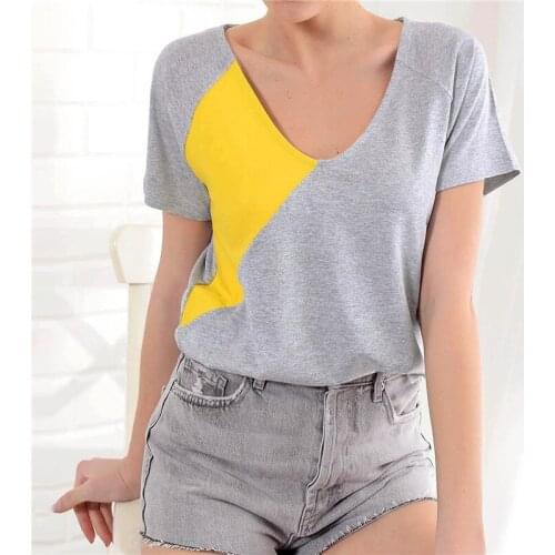 Women Summer T Shirts Fashion Harajuku Patchwork T-shirt Ladies Sexy V Neck Short Sleeve Top Casual Loose Tunic Tee Shirt Femme