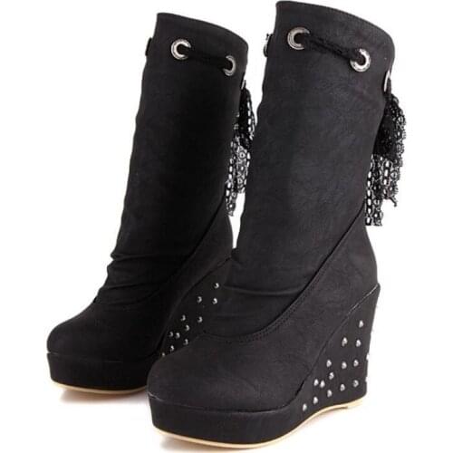 Taoffen Women Wedges Boots Rivet Lace Up Platform Plush Fur Shoes Mid Calf Boots Women Warm Fashion Office Lady Shoes Size 34-43