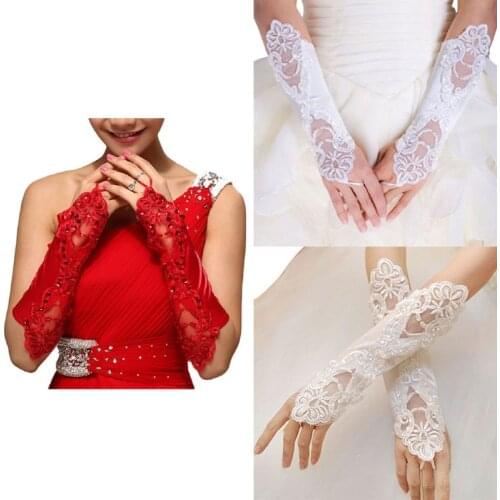 1 Pair Women Bridal Long Gloves Opera Fingerless Embroidery Lace Glitter Sequins Solid Color Elbow Length Mittens Hook