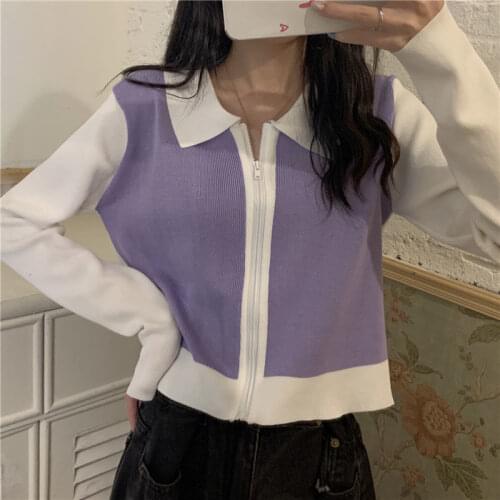 Womens Knitted Cardigan Contrast Color Turn-down Collar Zipper Purple Long Sleeves Tops Wholesale New Fashion Female Clothes