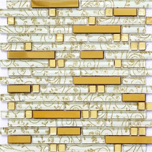 Golden Metal Gold Powder Laminated Glass Strip Mosaic Tile for Restaurant Store Door Frame Kitchen Backsplash