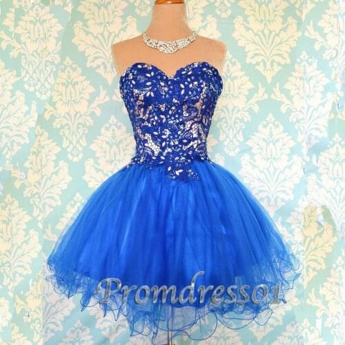2016Homecoming Dress Blue Lace Sleeveless Sweetheart Mini Prom Party Cocktail Graduation Dress
