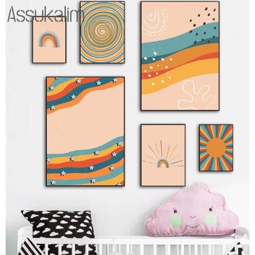 Abstract Sun Rainbow Wall Art Canvas Painting Boho Poster Nursery Art Prints Nordic Wall Pictures For Kids Room Decoration