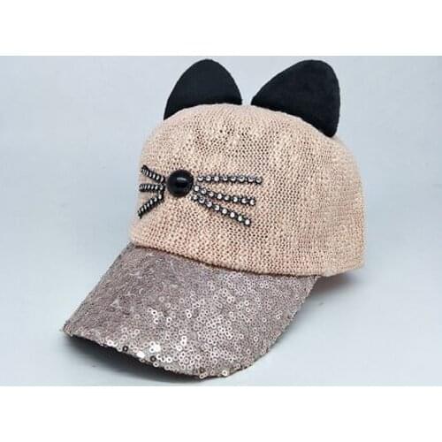 Korean Lover Cartoon Sequins Linen Children Baseball Caps Spring Summer Cat Brand Snapback Casquette Hats Girl And Boy 51-52cm