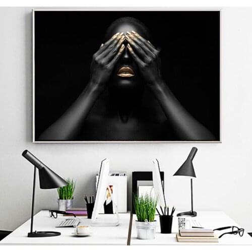 Black Hand and Gold Lip Nude Woman Canvas Painting Cuadros Posters and Prints African Wall Art Picture for Living Room Cuadros