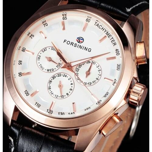 FORSINING Brand Automatic Mechanical Formal Clock Tachymeter Auto Date Dial Rose Gold Watch Leather Men Dress Wrist Watches Gift