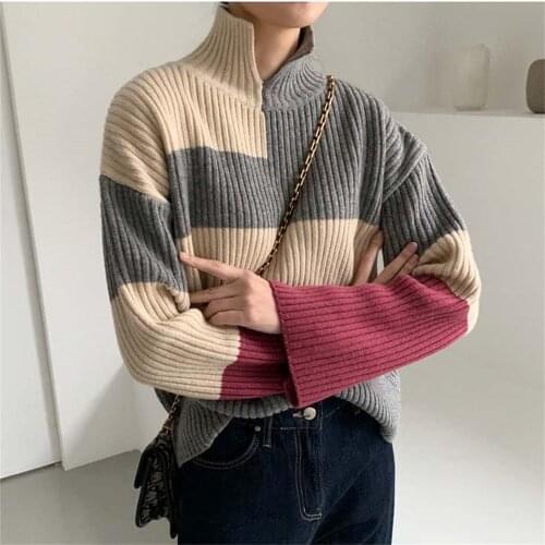 HziriP Autumn Mock Neck Patchwork Warm Thicken Sweaters Pullovers Knitted 2021 Hot OL Outwear New Femme Chic Stylish Women Tops