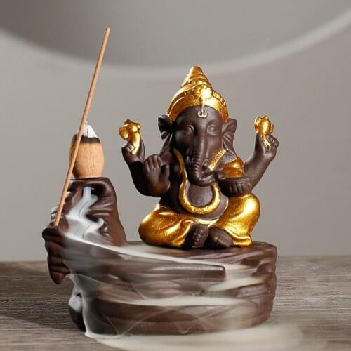 Ceramic Ganesha Smoke Waterfall Burner Chinese Lotus Incense Stick Holder Animal Gold Backflow Incense Burner Home Censer