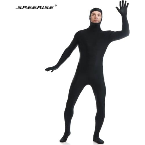 Adult Face Open Black Zentai Suit Men One Piece Spandex Nylon Second Skin for Halloween Tights Full Body Cosplay Costumes
