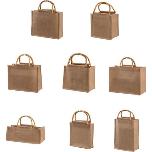 LX9F Portable Burlap Jute Shopping Bag Handbag Bamboo Loop Handles Reusable Tote