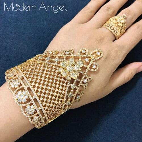 ModemAngel Luxury Lace Flower Tail Super AAA Cubic Zirconia Bangle and Ring Jewelry Set For Women Wedding Engagement Gif