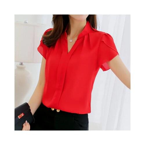 Fashion Summer Cool Tops Women Solid Casual Blouse V-Neck Chiffon Shirt Plus Size White Slim Fit Blusa Female Elegant Clothes