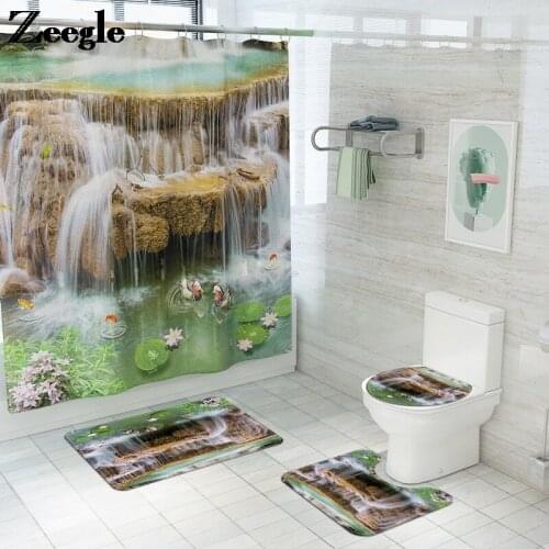 Scenic Pattern Bath Mat and Shower Curtain Set Flannel Bathroom Carpet Set Toilet Floor Rug Microfiber Bathroom Foot Mat