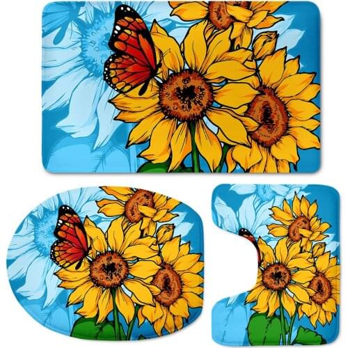 Sunflower with Butterfly print Overcoat Toilet Lid Cover Cushion Seat Case Non-Slip Bath Washroom Rugs Home Decorative Carpets