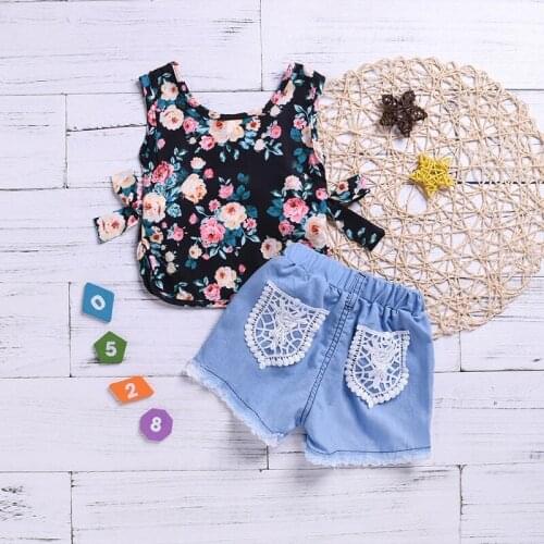 New Toddler Casual Outfits Set Kids Baby Clothes Girls Outfit Sleeveless Floral Print T-shirt Tops+Denim Short Pants