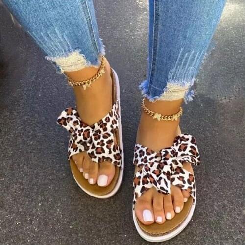 Women Bow Slippers 2021 Summer New Mix Color Leopard Thick Bottom Ladies Casual Flat Sandals Comfortable Female Beach Slides