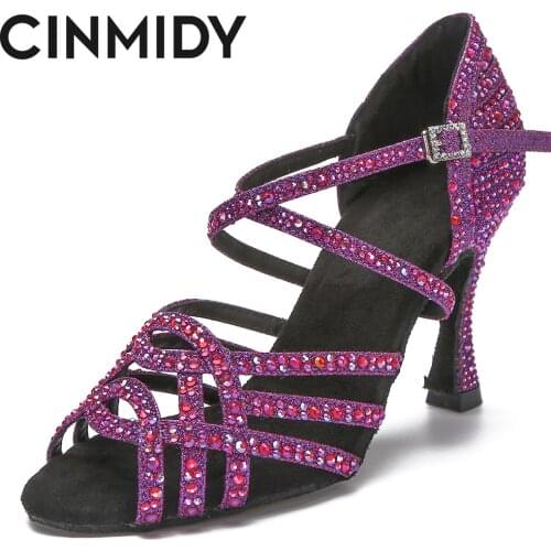Womens Latin Dance Shoes Tango Ballroom Dance Training Shoes Ladys Girls Sandals Rhinestone Wedding High Heels Purple/Black