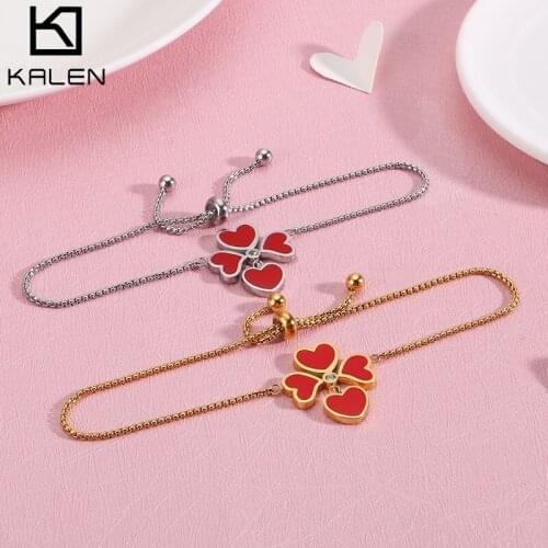 KALEN Bohemia Red Heart Charm Bracelets For Women Gold Color Stainless Steel Square Pearl Link Chain Bracelet Mujer Jewelry