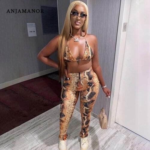 ANJAMANOR Sexy Club Outfit for Women 2 Piece Sets Bralette Crop Top and Leggings Pants Snakeskin Tie Dye Matching Sets D87-CC29