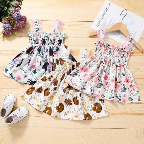 FOCUSNORM 1-5Y Summer Lovely Kids Girls Sundress 3 Colors Flowers Printed Ruffles Sleeveless Strap A-Line Mini Sundress