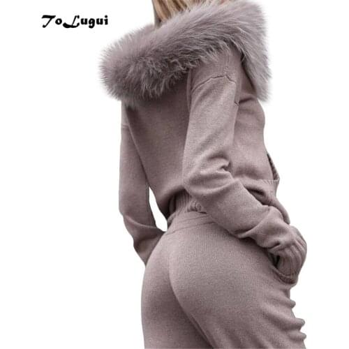 Faux fur collar hooded knit suit 2019 New women Autumn winter Long sleeves Knitted tracksuit casual pant set 2 piece set