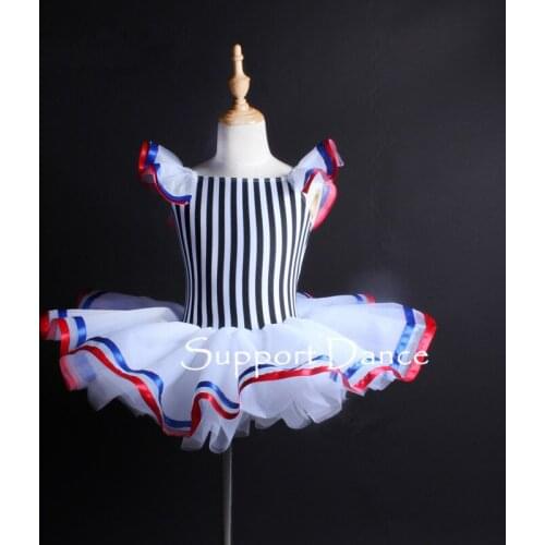 Girls Flutter Sleeve Striped Ballet Tutu Dress Women Ribbon Performance Dance Costume C249