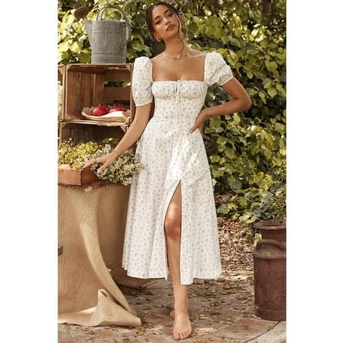 Floral Print Casual Slim Sexy Split Puff Short Sleeve Women Summer Party Dress Harajuku French Vestido 2021 Femme Robe F375 F376