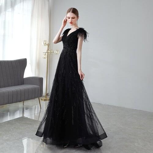 2021 Sexy Evening Dresses Long Black Feathers V Neck Beaded Formal Party vestidos de fiesta robe de soiree de mariage