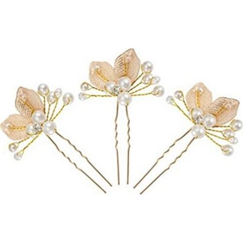 1pcs Handmade Wedding Hair Pins Vintage Bridal Accessories Pearl Gold Leaf Crystal Hairpin Clips Comb