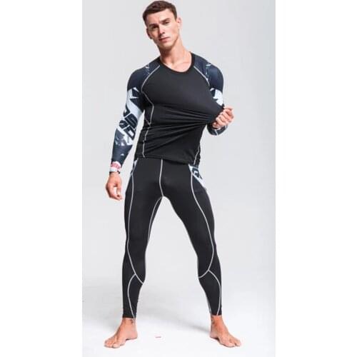 2 Pcs/Sets Mens Long sleeve workout Compression Suit Gym Set Elastic Basketb all Wo rkout Running Sportswear