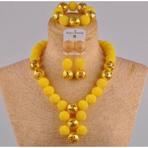 African Wedding Jewelry Sets for Women Simulated Pearl Necklace Earrings Bracelet Set Nigerian Beads Yellow Jewelry Set