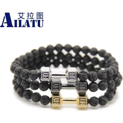 Ailatu 6mm Black Lava Stone Beads with Mix Color Alloy Metal Dumbbell Fitness Fashion Barbell Charm Bracelets for Mens Gift