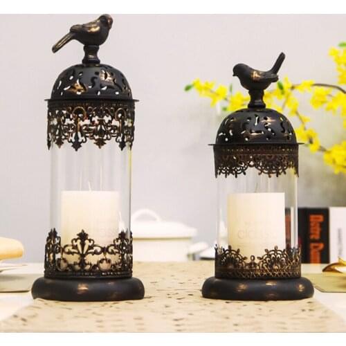 European Morocco Accents Black Gold Iron Glass Candle Lantern Set with Bird Lid Cover
