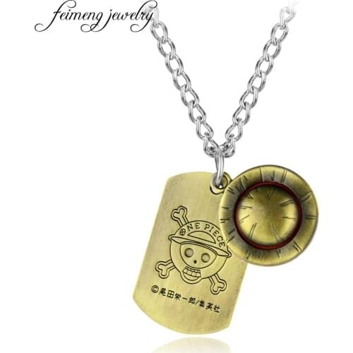 Feimeng jewelry Anime One Piece Necklace Luffy Straw Hat And Skull Logo Dog Tag Pendant Necklace Men Fashion Choker Accessories