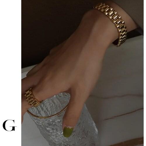 GHIDBK Vintage Gold Color Strap Bracelets For Women Girl Personality Wide Metal Wristband Cuban Chain Bracelet Charm Jewelry