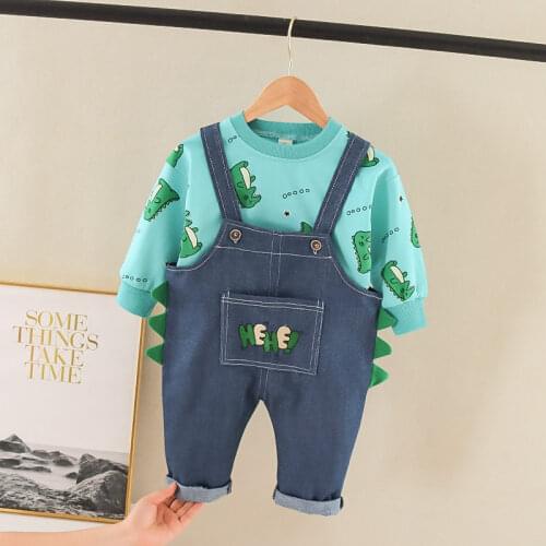 New 2021 Spring Autumn Children Clothes Baby Boys Girls Cartoon T-shirt bib Denim Pants 2Pcs/Sets Kids Infant Clothing Toddler