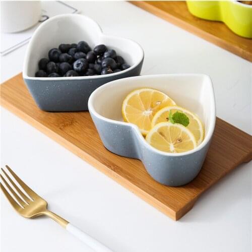 Creative Heart Shape Ceramic Salad Bowls with Bamboo Tray Nordic Style Candy Color Desserts/Fruits Plate Home Tableware