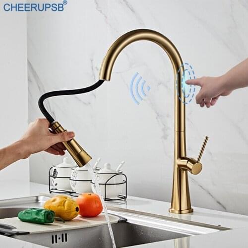 Kitchen Gold Touch Sensor Faucet Pull Down Hot Cold Water Mixer Crane Single Hole Deck Mount Automatic Tap Smart Brass Torneiras