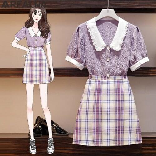 Summer Two Piece Set Women Peter Pan Collar Blouse Tops + Plaid Skirts Purple Suits plus Size Office 2 Piece Sets Womens Outfits