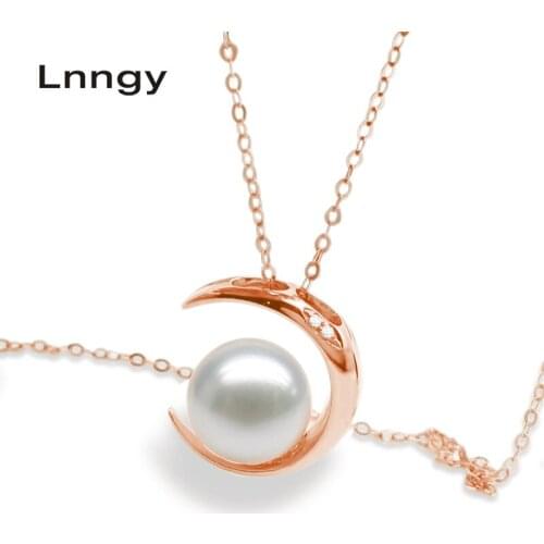 Lnngy Luxury 18K Rose Gold Moon Shaped Necklace Pendants Natural Fresh Water Pearl 7.5-8mm Round Pearl Necklace Pendants Gifts