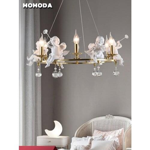 MOMODA Childrens Room Bedroom Chandeliers Lighting Nordic Original Designer Angel Art Hanglamp LED Crystal Candle Light Fixture