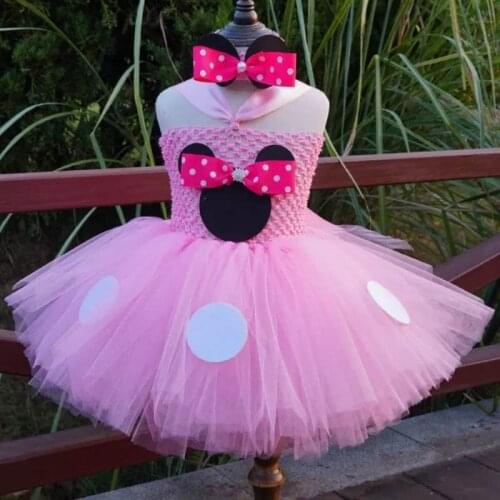 Cute Girls Pink Mickey Tutu Dress Baby Crochet Tulle Minnie Dress with White Dots and Hairbow Kids Birthday Party Costume Dress