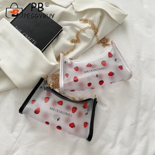 Fashion Transparent Strawberry Print Shoulder Bag Women Chain Crossbody Bags PVC Single Shoulder Pouch Streetwear