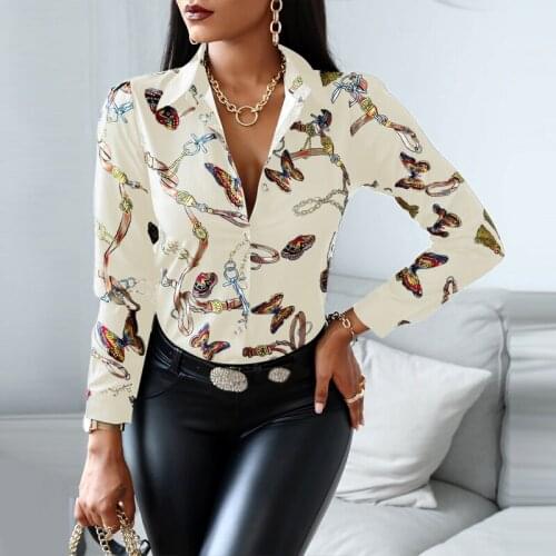 Fashion Trend Women Slim V-neck Shirt Contrast Color Long-sleeved Top High-waist Tight-fitting Printing Spring Autumn Wear