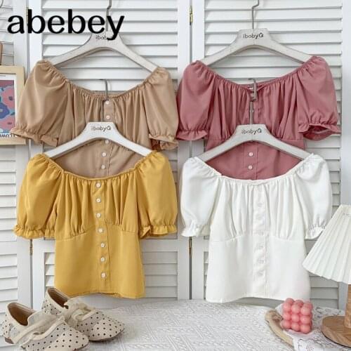 Fashion versatile slash neck puff sleeve Shirt pleated design single breasted solid Shirt Top 2021 New Summer