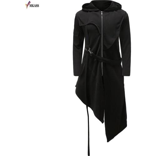 2019 Autumn New Men Punk Style Jackets Gothic Belt Swallow-Tail Coat Long Sleeved Casual Uniform Men Trench