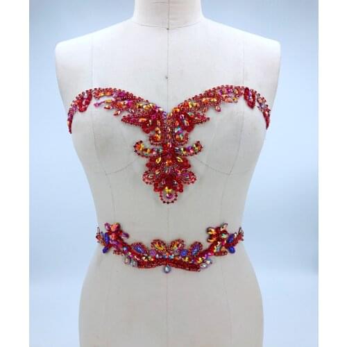Handmade crystal patches trim sew on red rhinestones applique on mesh 32*18cm&29*7cm for dress accessories