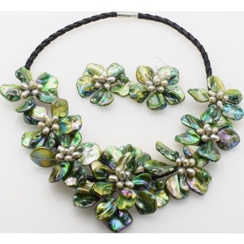 One Set Freshwater Pearl green rice +shell flat Flower 46cm Necklace Earrings Wholesale for women xmas gift